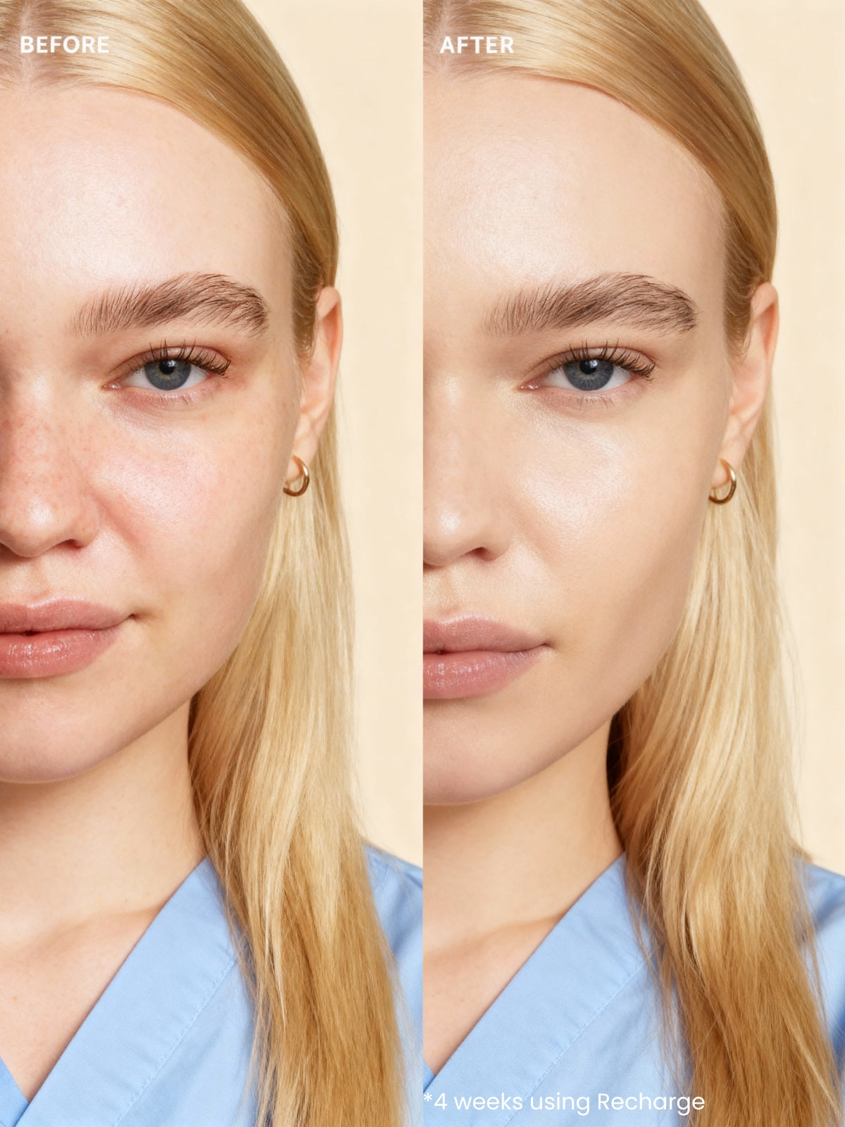 Before and after comparison of a woman's face with visible makeup changes on a beige background.