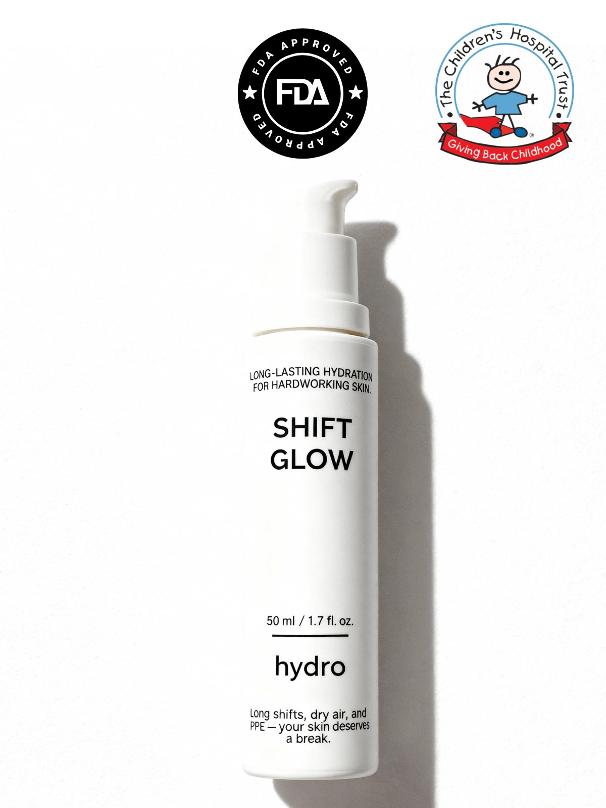 Shift Glow hydro bottle with FDA and Children's Hospital Trust logos on a white background