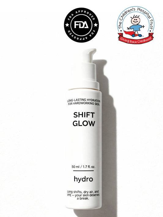 Shift Glow hydro bottle with FDA and Children's Hospital Trust logos on a white background