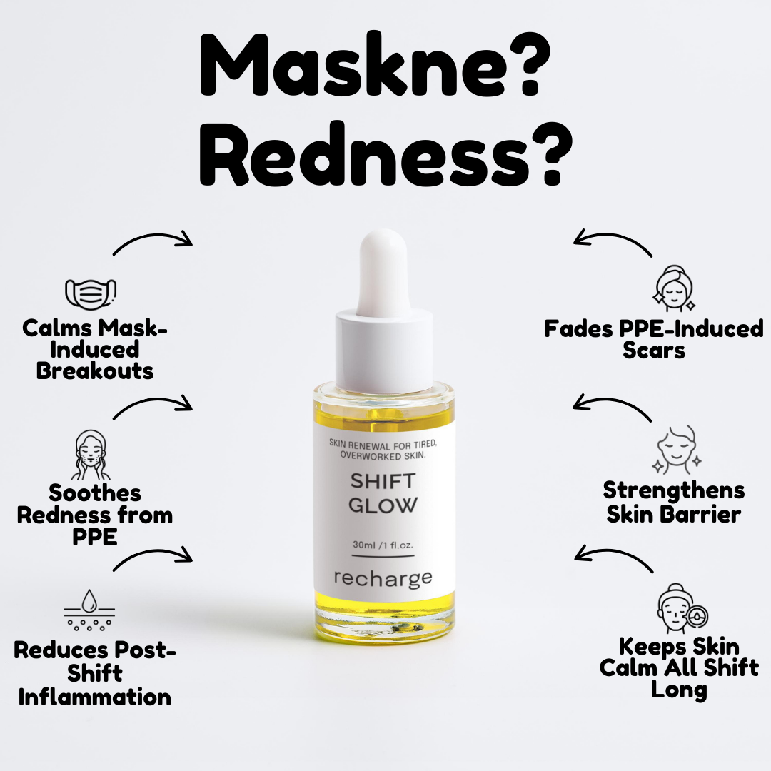 Skincare serum bottle with text highlighting its benefits on a white background