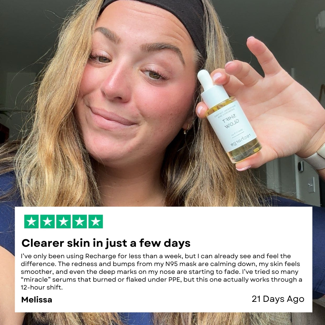 Person holding a skincare serum bottle with a review overlay