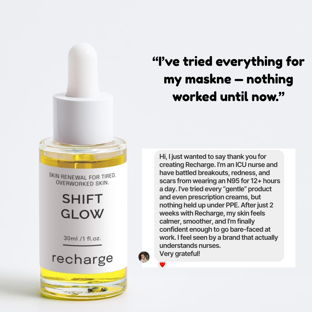Skincare dropper bottle labeled 'Shift Glow' with a customer testimonial on a white background