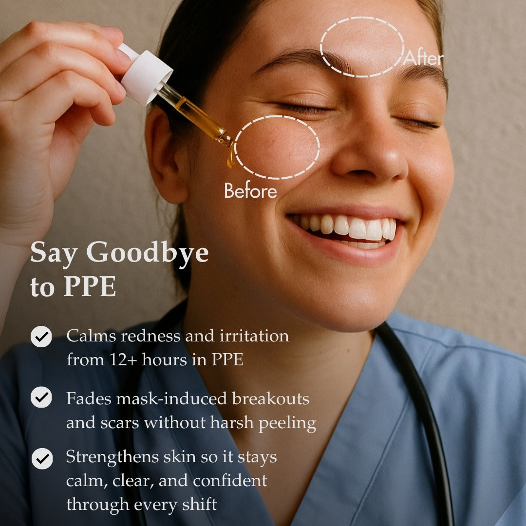 Person applying skincare product with text about its benefits for skin health.