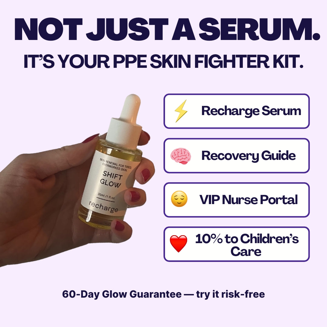 Hand holding a serum bottle with text about a PPE skin fighter kit on a purple background