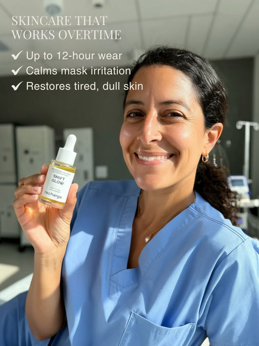 Nurse in scrubs holding ShiftGlow Recharge serum, skincare that calms mask irritation, restores tired skin, and lasts through 12-hour shifts