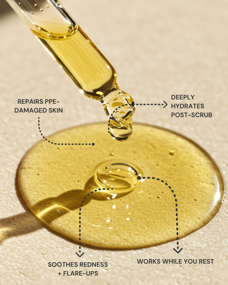 Golden yellow serum drop from Recharge — lightweight, non-greasy texture