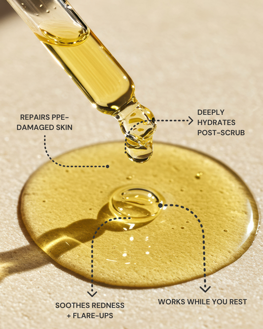 Golden yellow serum drop from Recharge — lightweight, non-greasy texture