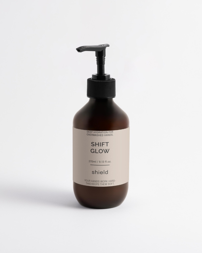 ShiftGlow Shield hand cream on white background — fast-absorbing hydration for healthcare workers