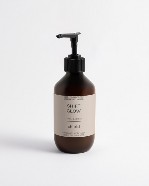 ShiftGlow Shield hand cream on white background — fast-absorbing hydration for healthcare workers