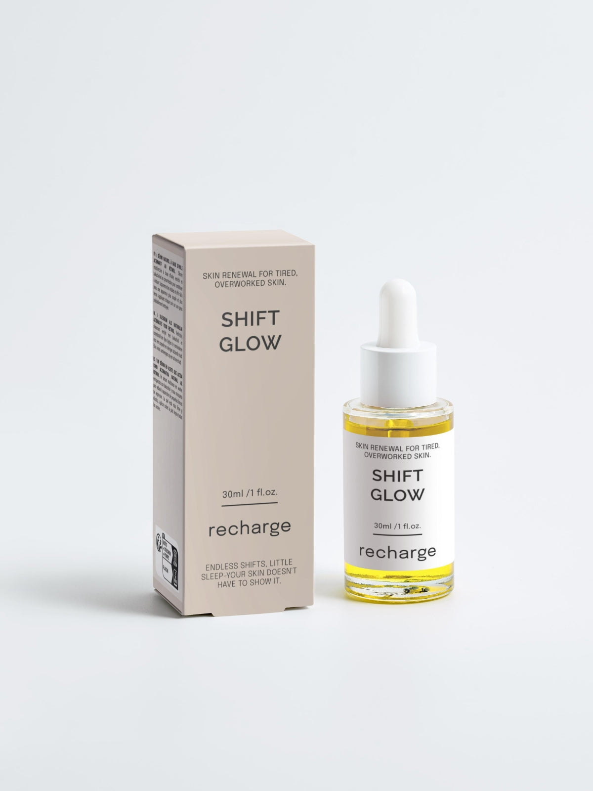 ShiftGlow Recharge bakuchiol serum with packaging box, natural retinol alternative designed for nurses’ tired, overworked skin